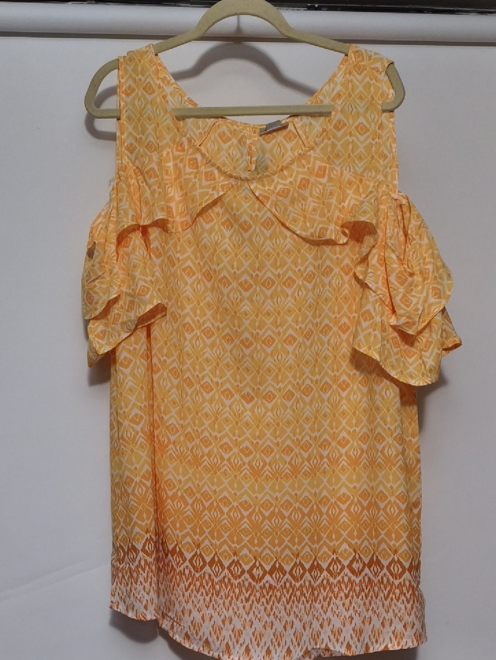 Avenue Yellow Patterned Cold-Shoulder Ruffle Camisole